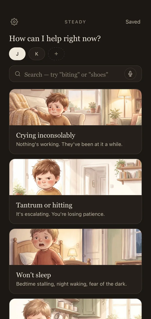 The Steady home screen in dark mode: the heading 'How can I help right now?', a search field, and illustrated cards for Crying inconsolably, Tantrum or hitting, and Won't sleep.
