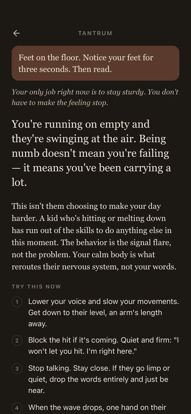 A Steady response in dark mode. A terracotta panel reads 'Feet on the floor. Notice your feet for three seconds. Then read.' Below it, in italics: 'Your only job right now is to stay sturdy. You don't have to make the feeling stop.'