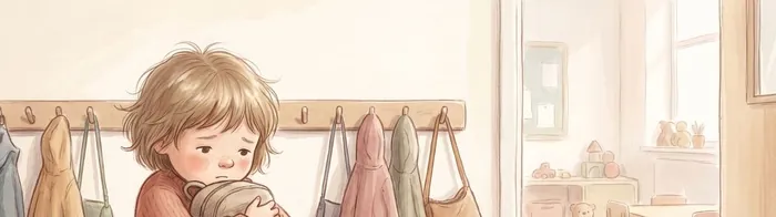 Illustration of a child clinging at a classroom door during drop-off.