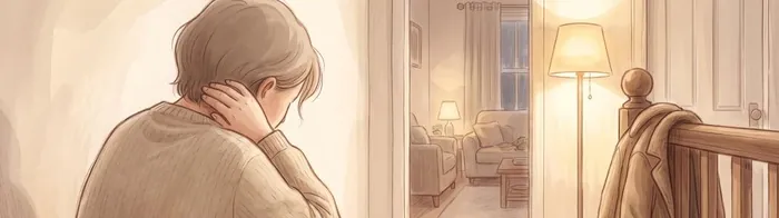 Illustration of a parent sitting alone at the kitchen table, head in hand.