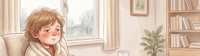 Illustration of a child resting under a blanket on the sofa.