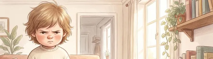 Illustration of a scowling young child standing in a doorway.
