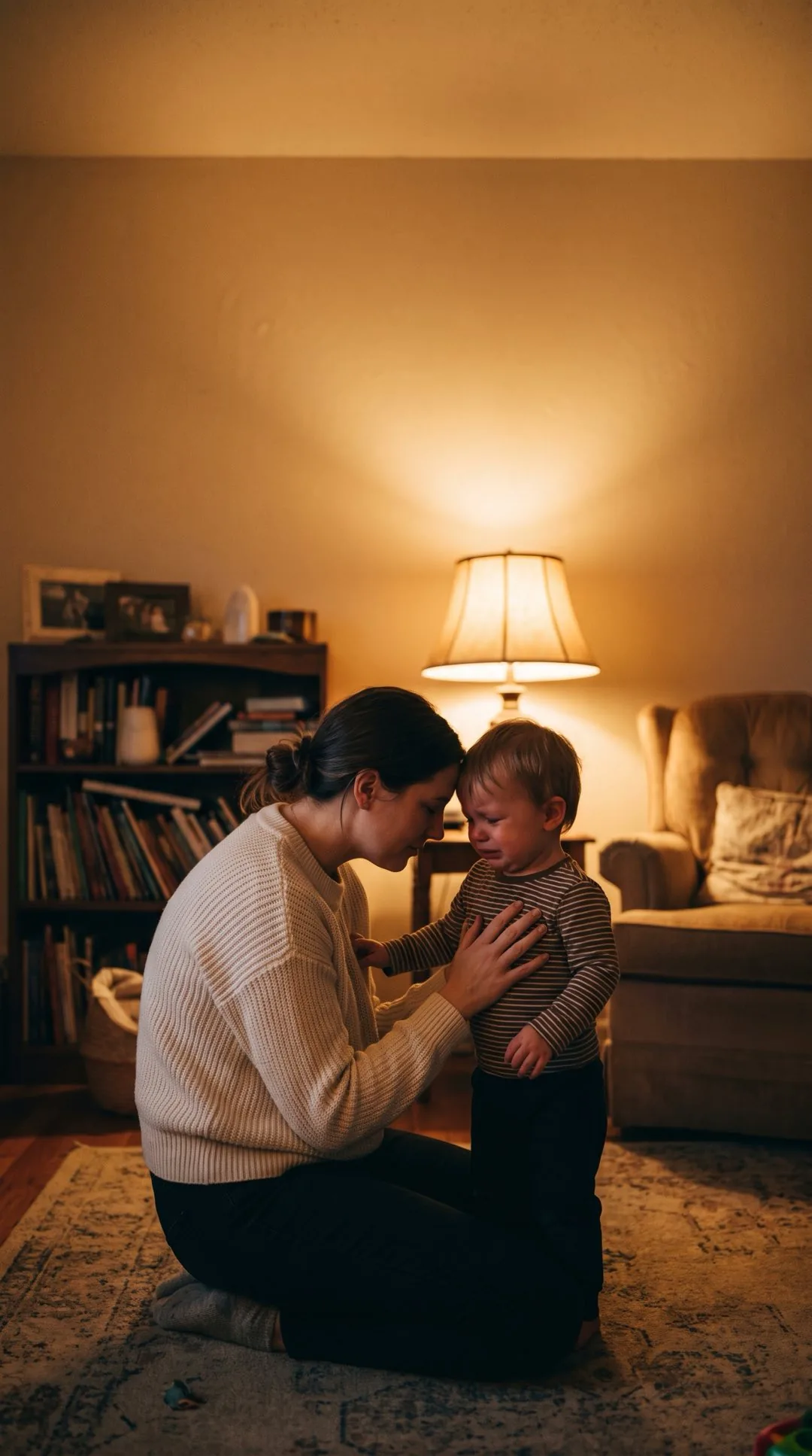 A parent kneeling on a living-room rug at night, forehead resting against her crying toddler's, one hand on his chest.