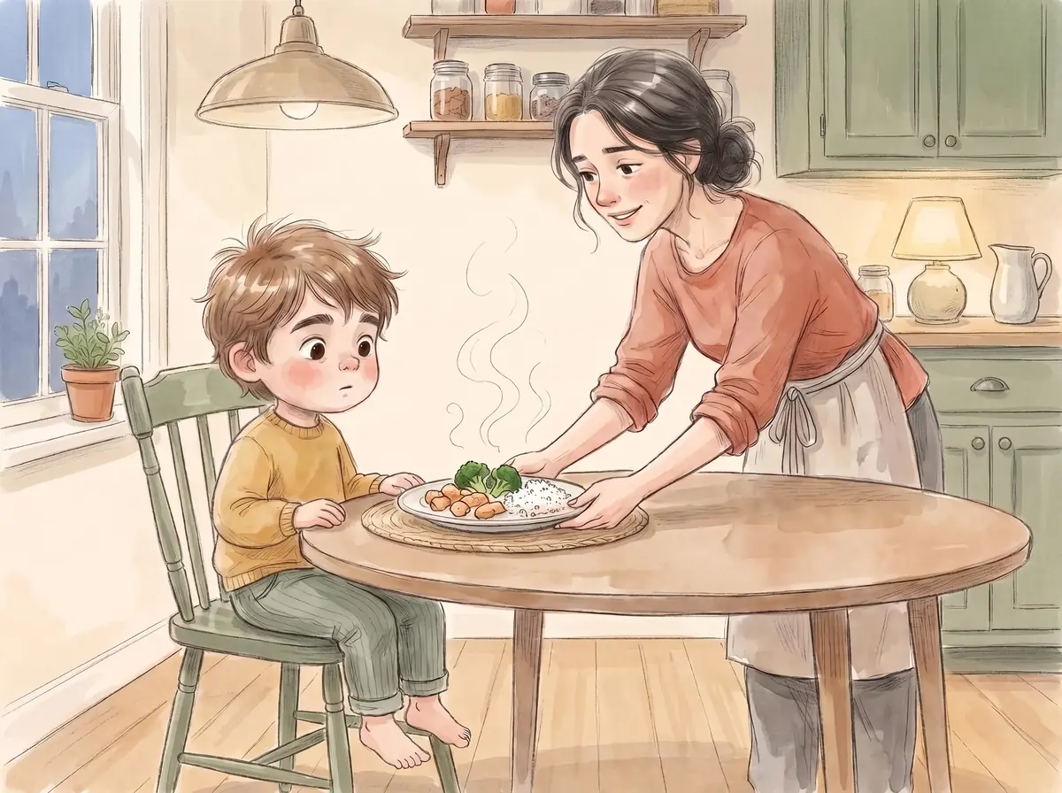 His mother leaning in to set a plate of chicken, rice and broccoli down in front of him, thin wisps of steam rising off it.