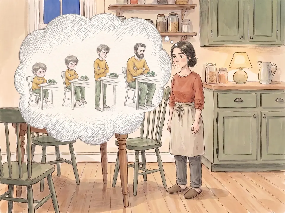 His mother standing perfectly still beside the wrecked table, a grey pencil-sketch thought bubble above her head running from a thin child, to a height chart, to a clipboard, to herself sitting alone with her head in her hands.