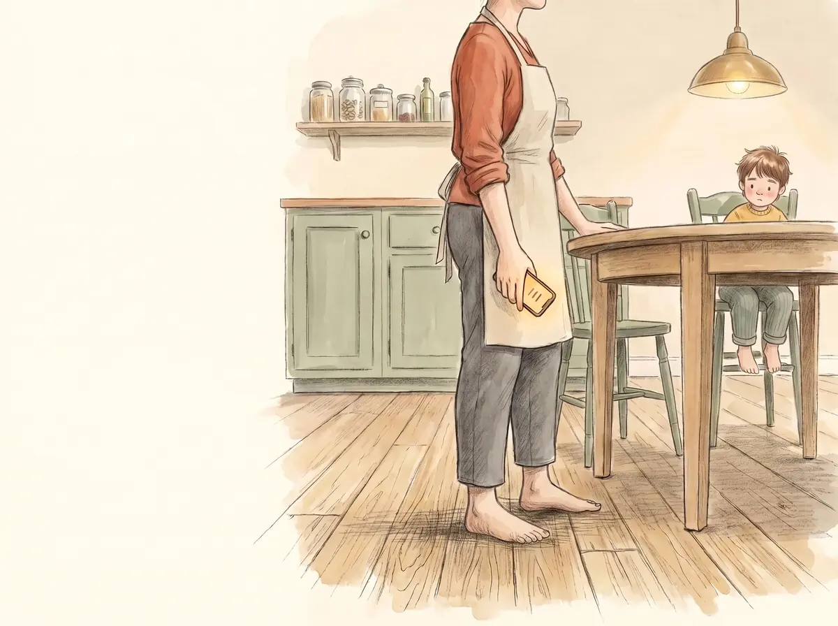 Her bare feet planted flat and square on the kitchen floorboards, a phone held low and loose at her side, its screen glowing a soft warm amber.