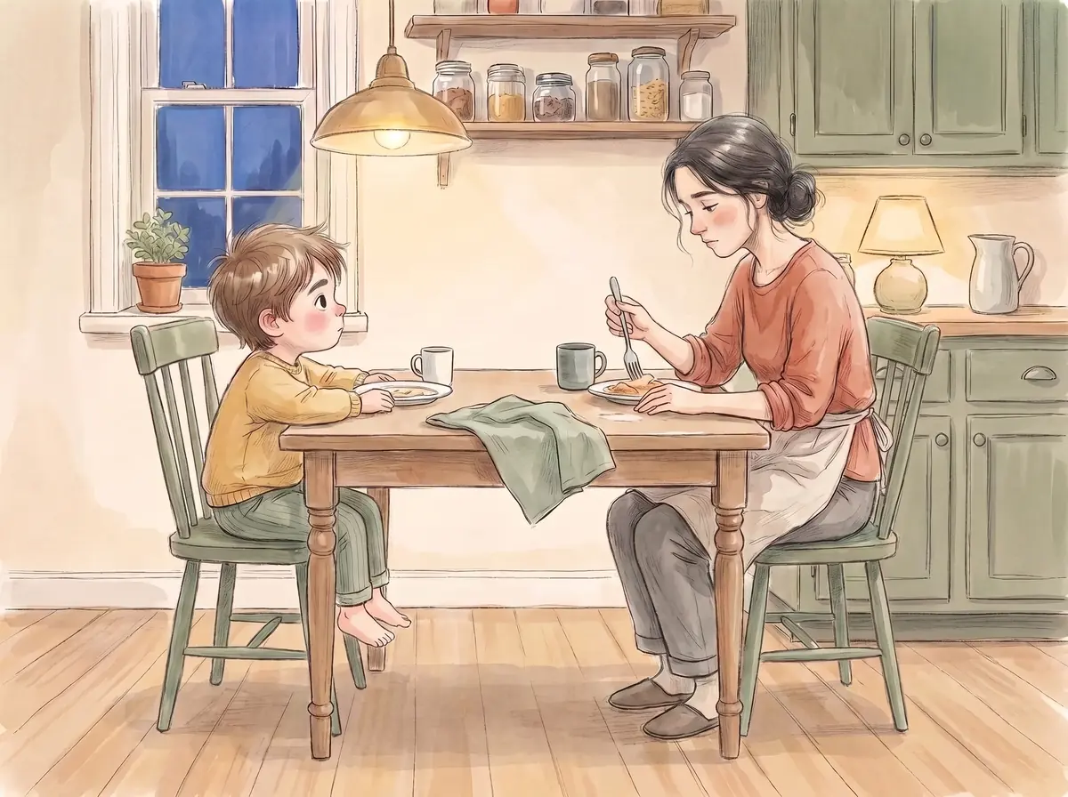 She has pulled out a chair and sat down at the table at the boy&rsquo;s own eye level, eating her own dinner and looking at her own plate. He watches her, arms no longer folded.