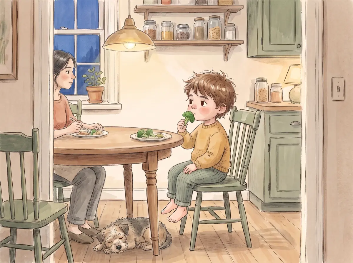 The same kitchen at night, the same camera. She eats and gazes out of the window, not watching him at all; unwatched, back in his own chair, he lifts a single piece of broccoli towards his mouth. The dog is asleep under the table.