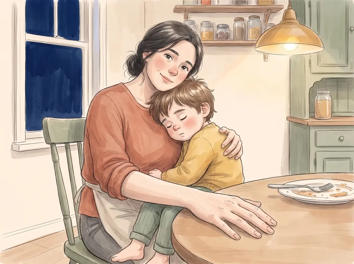 Later the same evening. The boy has climbed off his chair and into her lap and is leaning back against her, half asleep; she has one arm round him and is looking out at nothing. The plates are still on the table. The dog is asleep underneath.